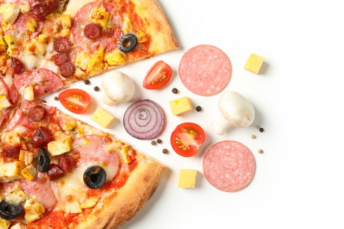 Tasty pizza and ingredients isolated on plain background