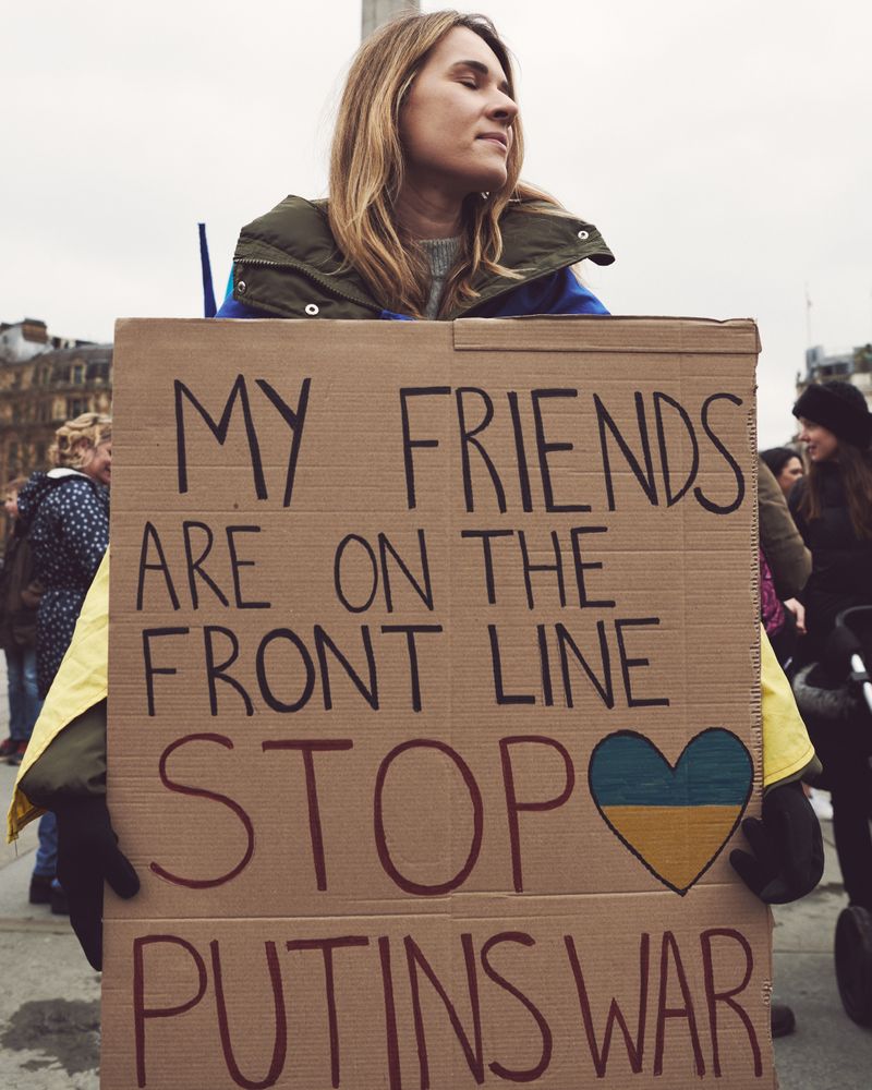 London, England, United Kingdom - March 5 2022: Woman with sign saying “Stop Putin’s War” at protest