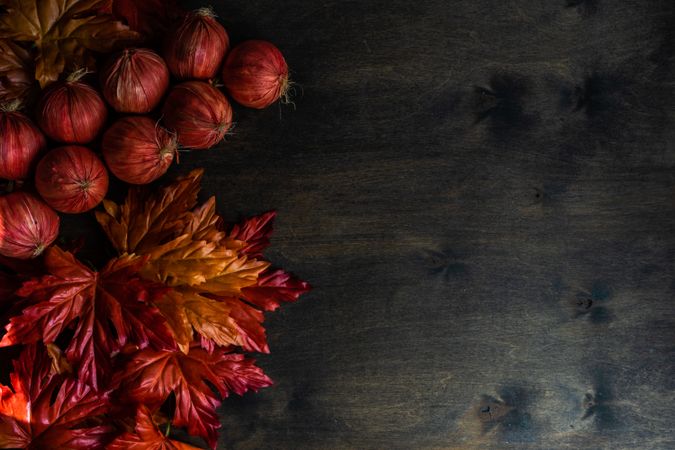 Autumn leaves with braid of onions on wooden table