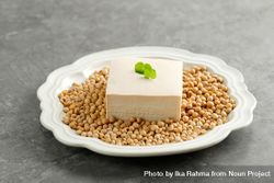 Tofu block served with garnish atop soybeans on plate 56jpY5