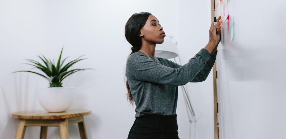 Young black woman putting post it note on white board in office