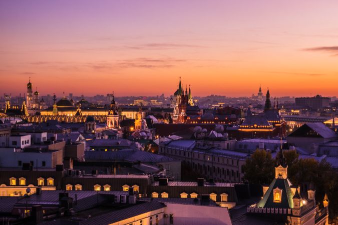 Moscow cityscape under sunset sky