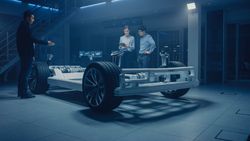 In Automotive Innovation Facility Concept Vehicle Frame Includes Tires, Suspension, Engine and Battery