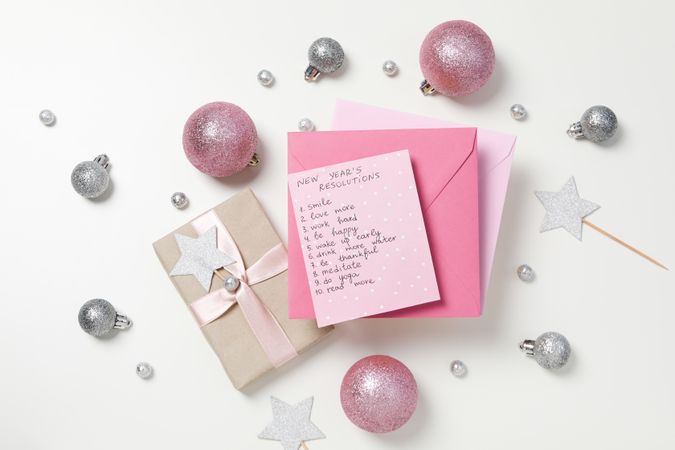 Concept of New Year Resolutions list, new year goals, top view