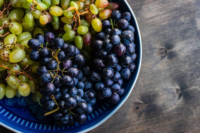 Blue plate of red and green grapes