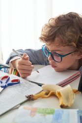 Focused boy reading notes in notebook at home