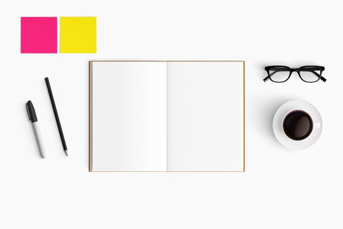 Modern workspace with coffee cup, paper and notebook copy space
