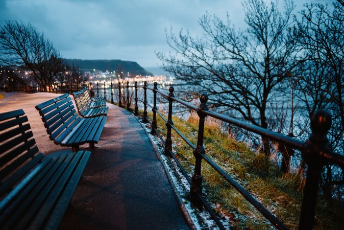 Benches and hoarfrost path