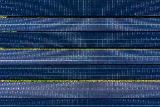 Solar panels above view close up, drone point of view