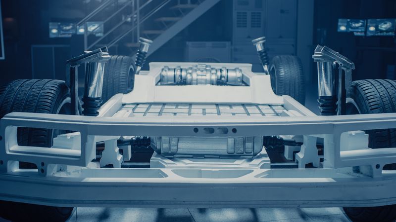 Automobile Concept: Authentic Electric Car Platform Chassis. Hybrid Frame Include: Tires, Suspension, Engine, Brakes and Battery.