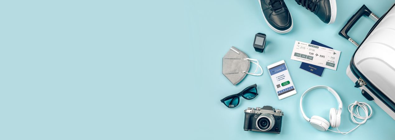 Set with mobile covid passport and urban holiday accessories
