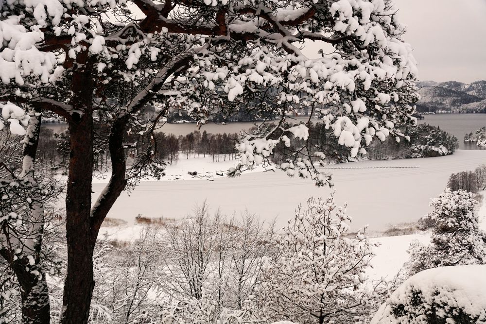 Snowy peaceful mountain valley at shore