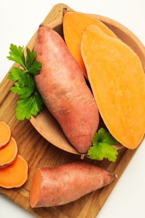 Concept of vegetables, sweet potato, top view
