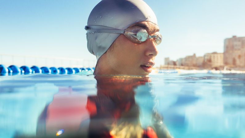 Close up of woman swimmer face outside water