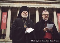 London, England, United Kingdom - March 5 2022: Two religious men with microphones in London 47Onz4