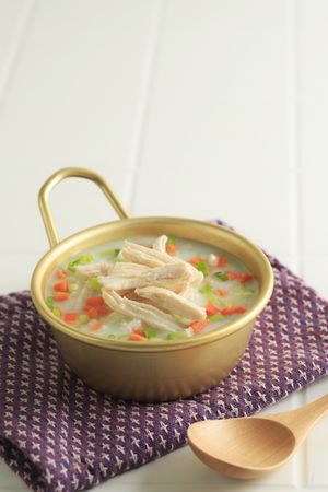 Dakjuk, Korean Rice Chicken Porridge with Chopped Green Onion and Diced Carrot