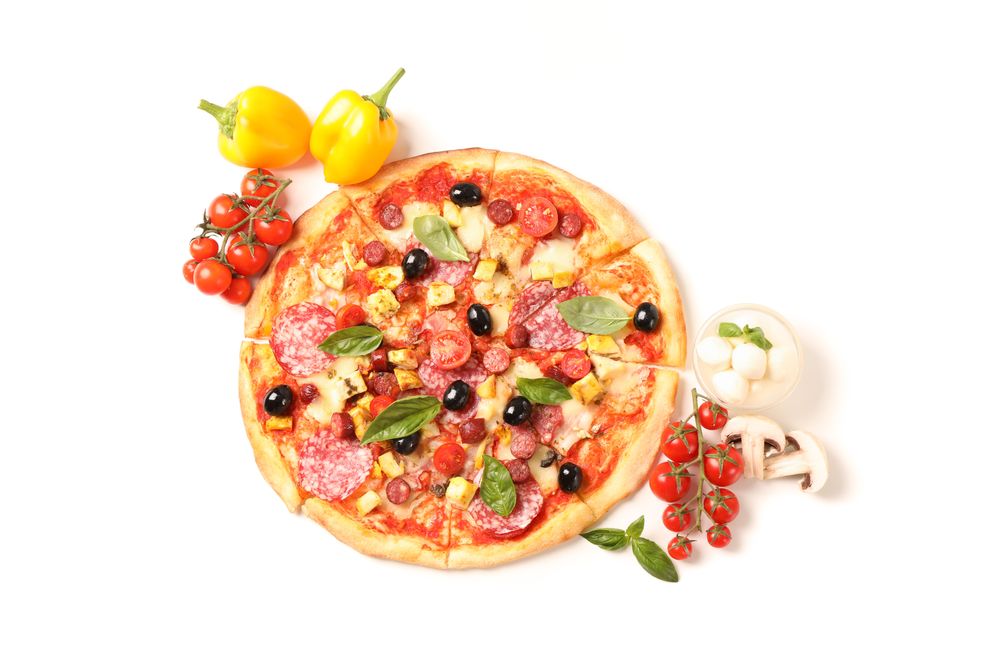 Flat lay. Delicious pizza and ingredients isolated on blank background