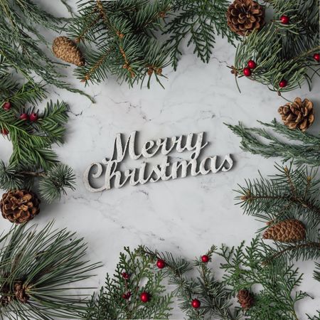 Winter foliage with pine cones bordering marble background with the words “Merry Christmas”