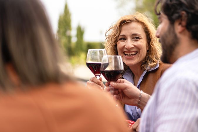 Friends cheerfully toasting glasses of red wine, celebrating a joyful moment together in an outdoor setting