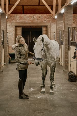 Woman hugging horse with long mane in face in stable