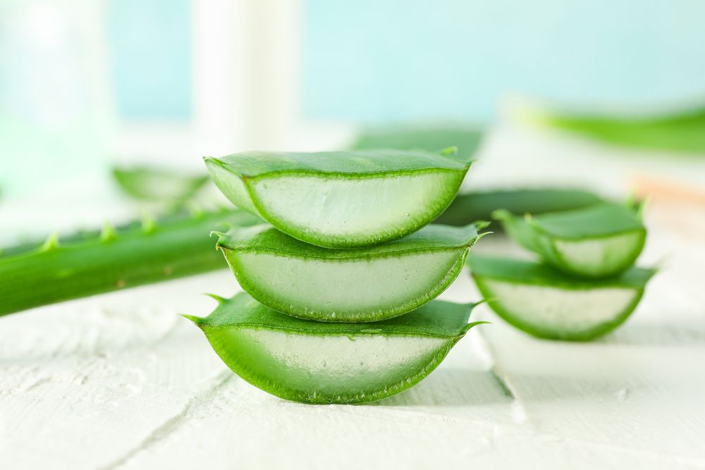 Aloe vera slices on white wooden table, closeup and space for text. Natural treatment