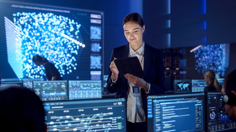 Businesswoman Analyzes Data on Tablet in Futuristic Control Room.