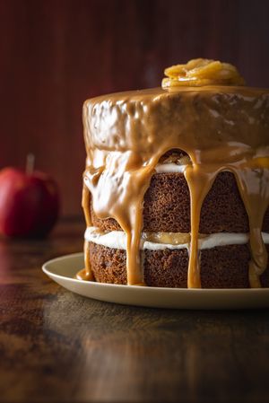 Dripping caramel and apple sponge cake