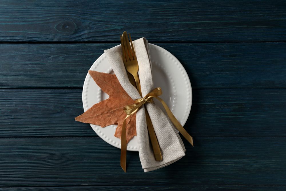 Concept of Thanksgiving day, Autumn table setting, top view