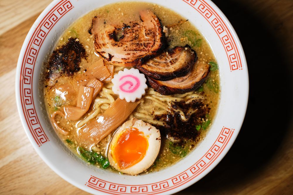 Closeup of tasty ramen with narutomaki and meat