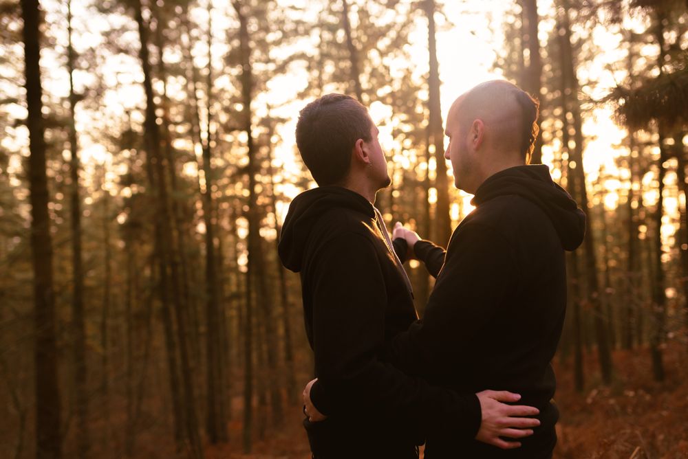 Men hugging in forest at sunset