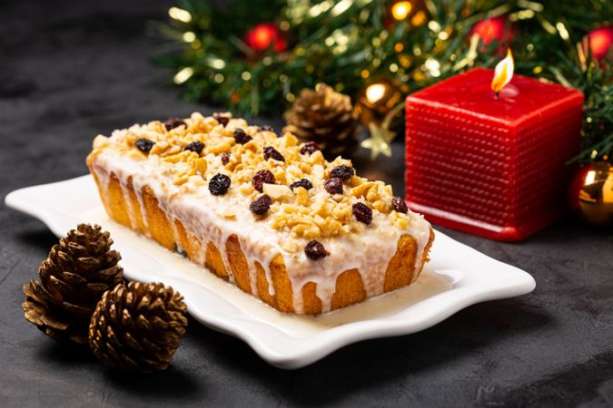 Fruit cake served on decorated Christmas table