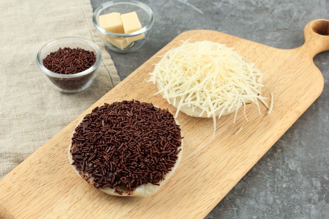 Indonesian pancake with chocolate sprinkles and cheese
