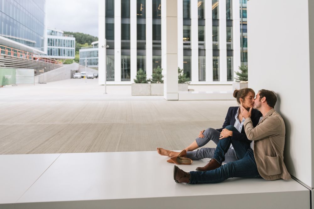 Businesspeople resting outside modern building