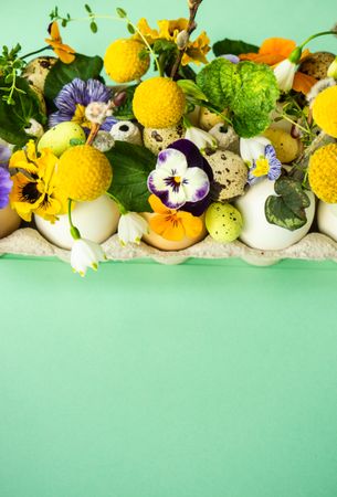 Easter holiday card concept with egg carton covered with bright flowers