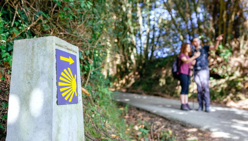 Signpost of Saint James way with pilgrims pointing
