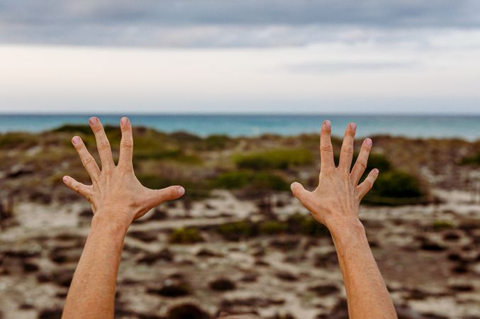 Crop person gesturing hands in nature