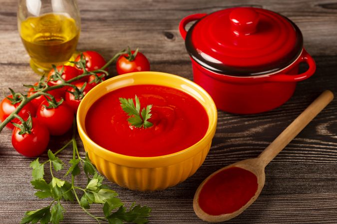 Delicious homemade tomato soup in bowl.