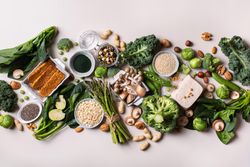 Arrangement of healthy vegan, plant based protein source and body building food