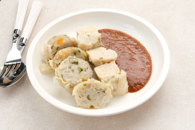 Siomay Bandung or Shumay or steamed dumplings with boiled tofu.