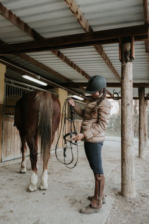 Woman putting saddle on horse