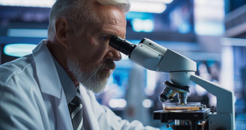 Medical Development Laboratory: Close Up Of Male Scientist Using Microscope, Analyzes Petri Dish Sample.
