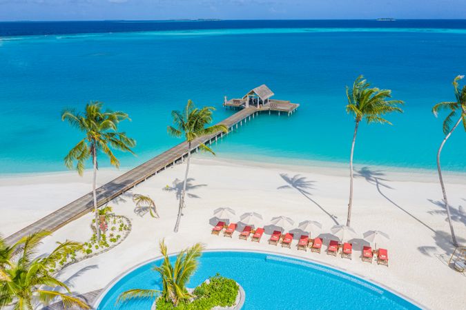 Palm trees, pool and pier on a beach resort in the Maldives, landscape
