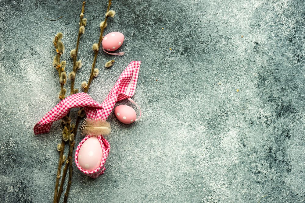 Easter holiday concept with decorative pink Easter eggs & pussy willow