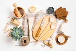 Top view of sustainable kitchen accessories and bath accessories