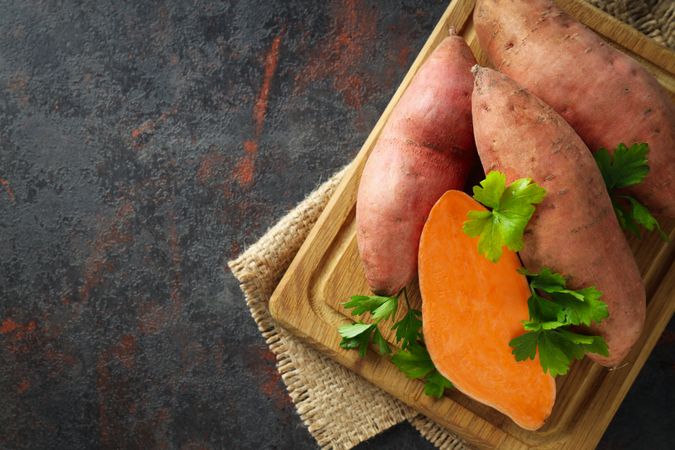 Concept of vegetables, sweet potato, space for text