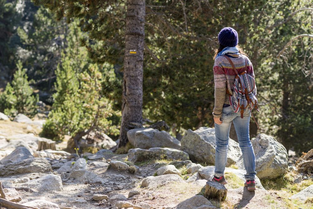 Woman standing in rocky forest on sunny day