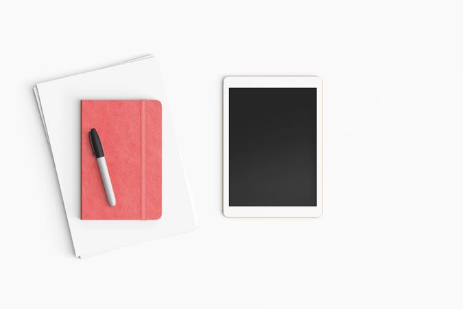 Modern workspace with paper, tablet and notebook copy space