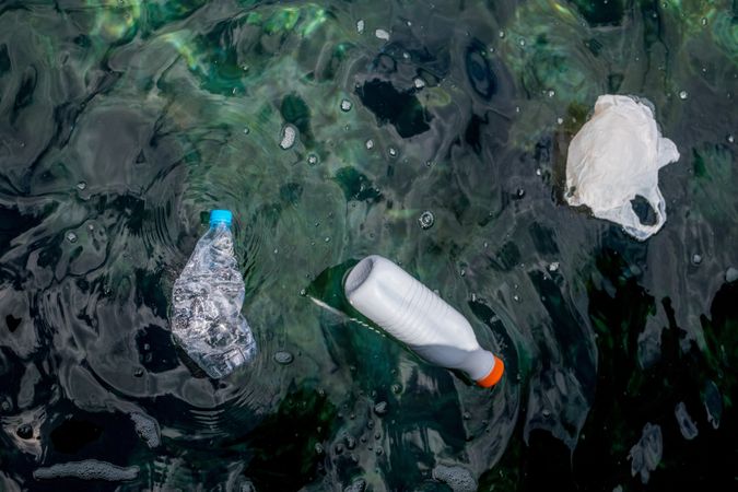 Plastic bottles and bag floating on water