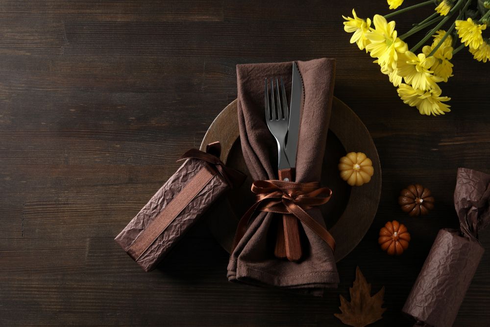 Concept of Thanksgiving day, Autumn table setting, top view