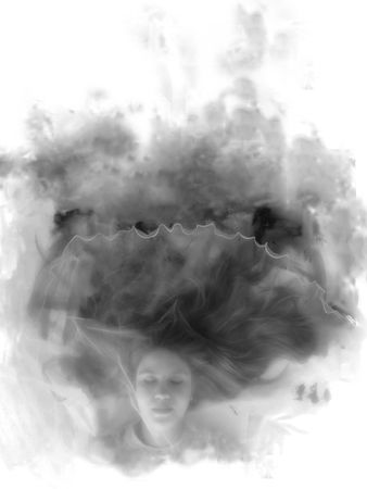 Grayscale portrait of young woman with smoke laying on light background